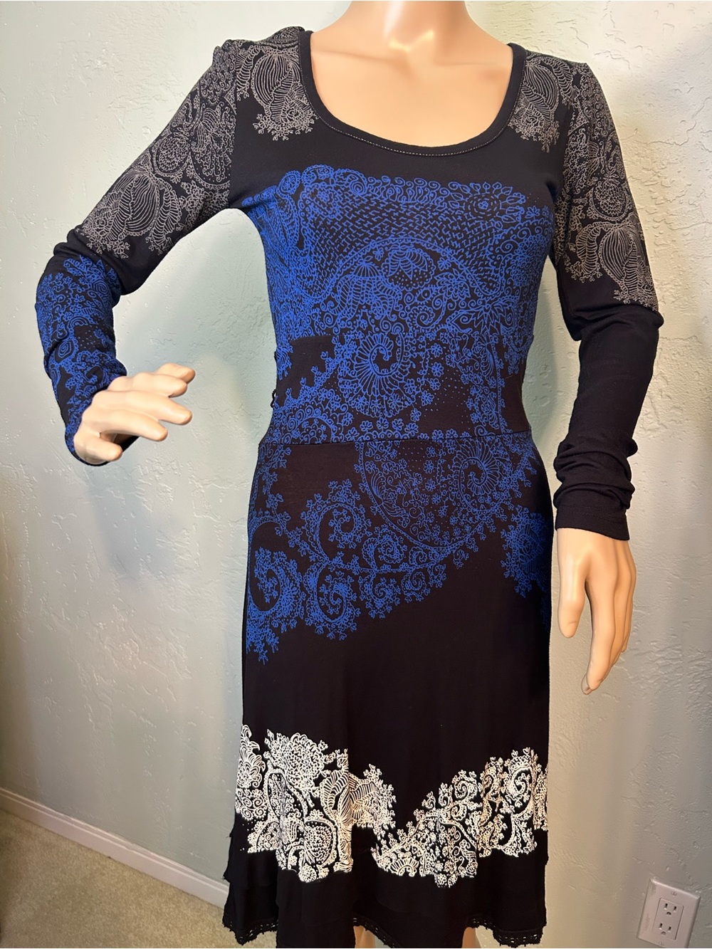 Desigual   Black Dress with Blue & White Paisley Print size small
